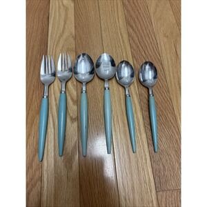 Fork Spoon Vintage MCM Castle Japan Stainless Steel Turquoise Handle‎ - 6 Pieces
